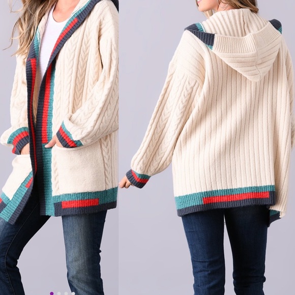 Beige Contrast Cable Knit Cardigan - Picture 2 of 4